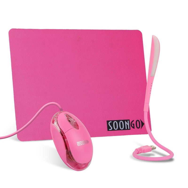 SOON GO Pink Mouse and Pad USB LED Light 3 in 1 Gift Comb Kids Mouse for Laptop Home Office Travel by SOONGO - Image 1